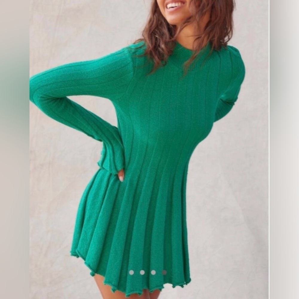 Free People Beach Green Ribbed Knit Mini Dress, Long Sleeve, Mock Neck, Fitted,S